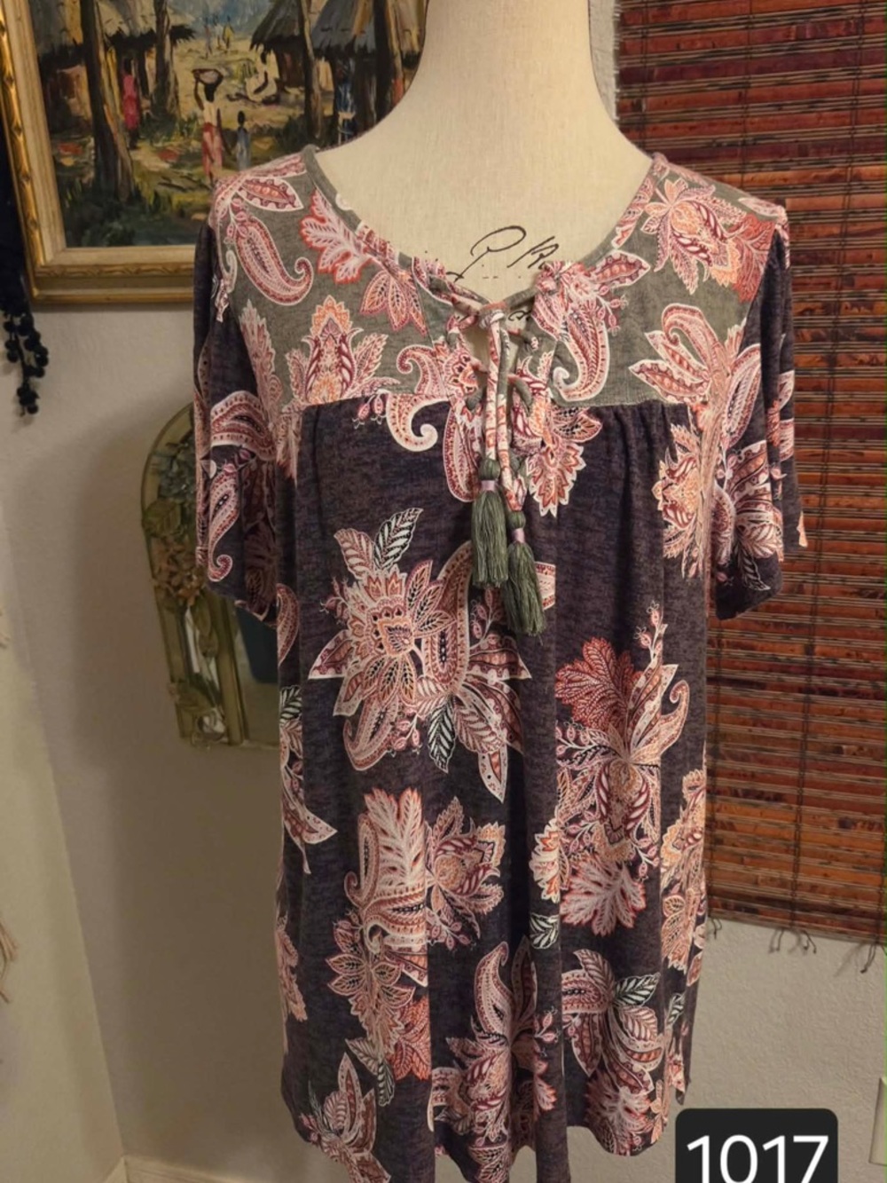 Democracy Pink & Gray Paisley Tie-Front Short Sleeve Tunic